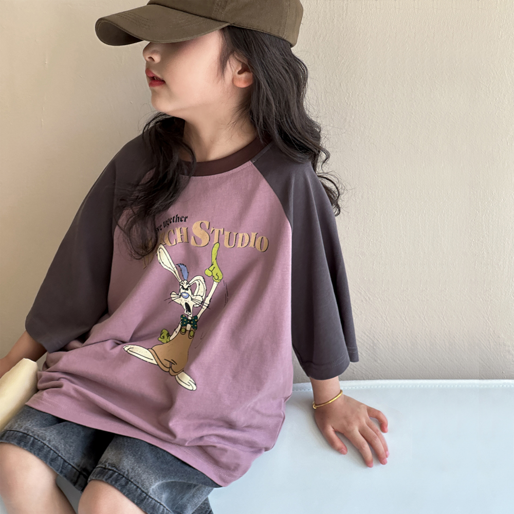 女童短袖t恤2025新款洋气儿童插肩袖卡通兔子体恤夏装中大童上衣