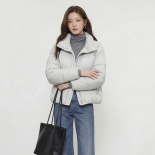 立领泡芙羽绒服女新款2025冬季气质简约灰色保暖白鸭绒休闲外套潮