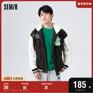 森马棉服男冬季时尚撞色落肩袖oversize棉衣潮流学院休闲连帽外套