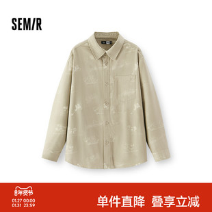 森马迪士尼合作系列长袖衬衫男春季米奇满印宽松翻领上衣低调简约