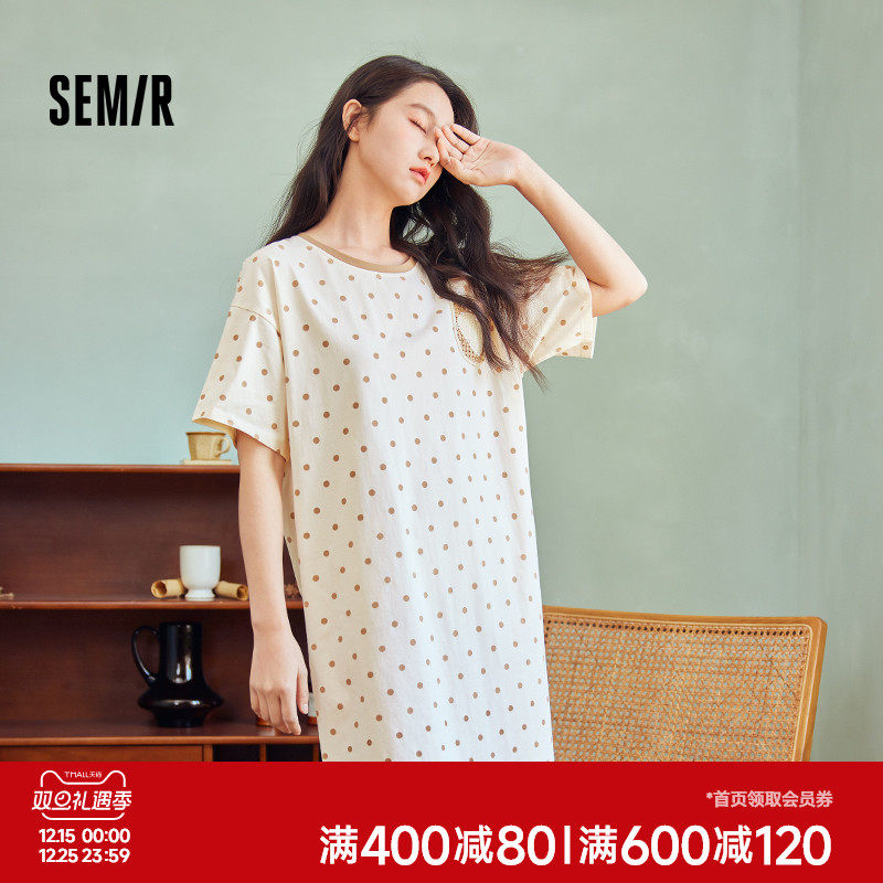 森马女士家居服棉质睡裙短袖可爱波点甜美舒适透气2025夏季薄宽松