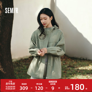 森马牛仔外套女春季 宽松做旧连帽落肩收腰夹克女生复古衣服 中长款