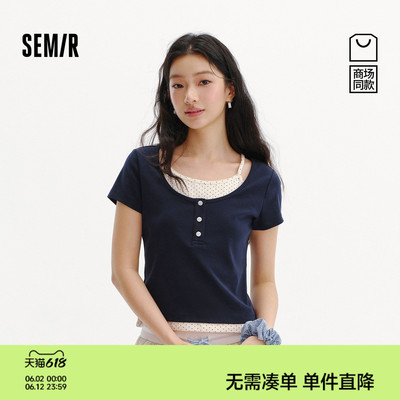 森马波点假两件短款短袖T恤女