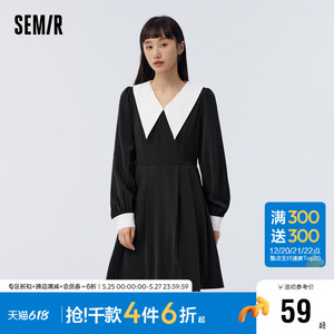 森马连衣裙女撞色尖领百褶裙法式优雅温柔早春赫本风泡泡袖气质