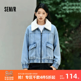 森马牛仔外套女冬季仿羊羔毛翻领夹棉宽松2025新款潮酷工装风夹克