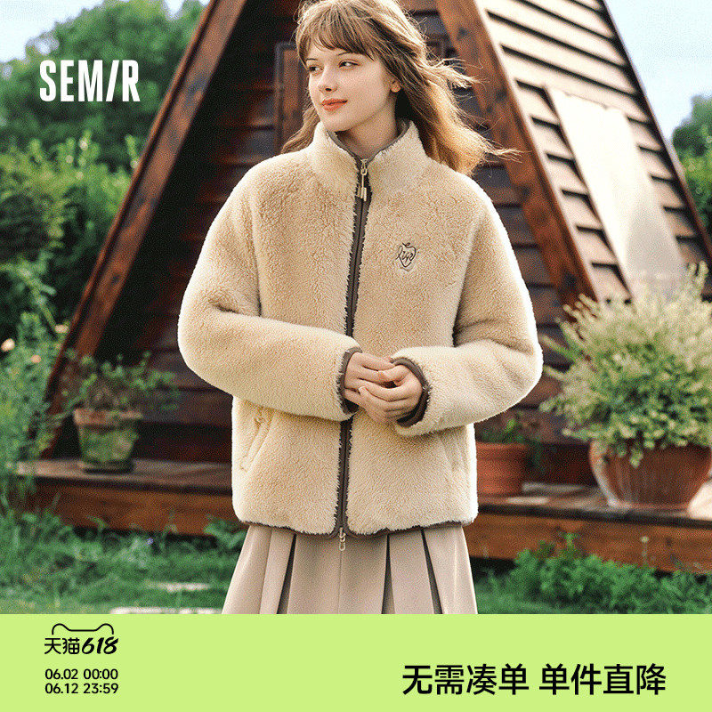 森马外套女插肩袖珊瑚绒仿羊羔毛2025冬季新款立领宽松夹克温柔系