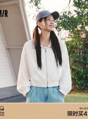 森马外套女春短款白色宽松明线衣服2026新款小个子酷飒风百搭夹克