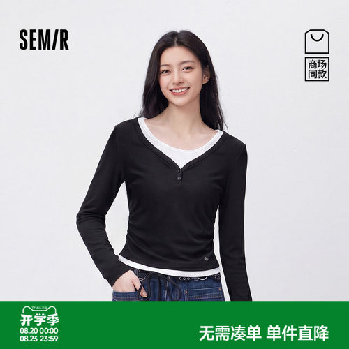 森马小个子假两件修身长袖T恤女