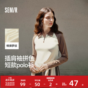 女短款 时尚 拼色插肩袖 上衣小个子复古秋显瘦套头衫 修身 森马POLO衫