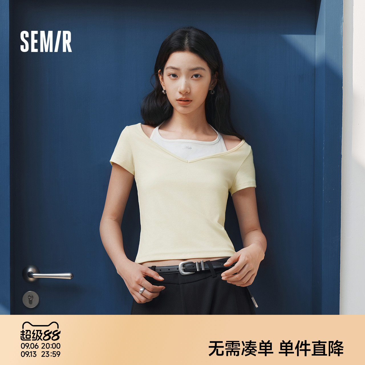 森马挂脖V领假两件短款短袖T恤女图片
