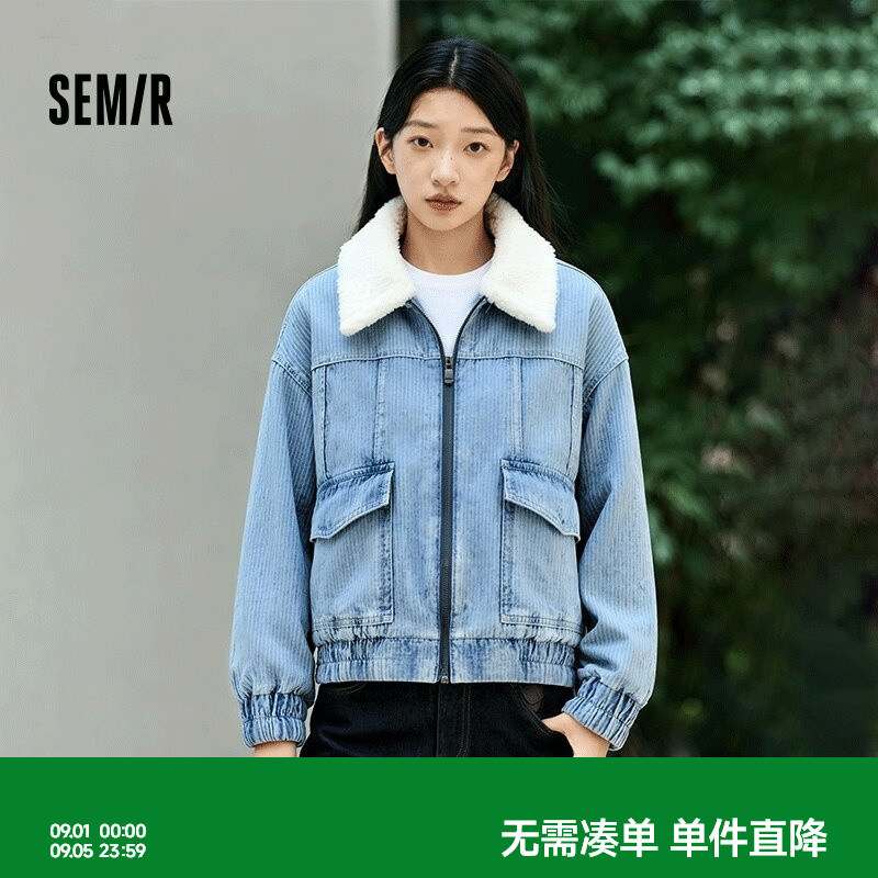森马仿羊羔毛翻领夹棉牛仔外套女