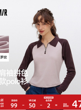 森马POLO衫女短款拼色插肩袖修身上衣小个子复古秋显瘦套头衫时尚