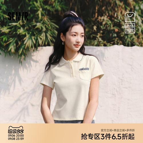 森马小个子拼接格纹修身POLO衫女