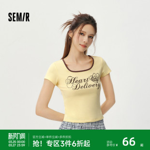 撞色方领2026新款 森马BRUNCH 短款 T恤女夏季 衣服 BROTHER联名短袖