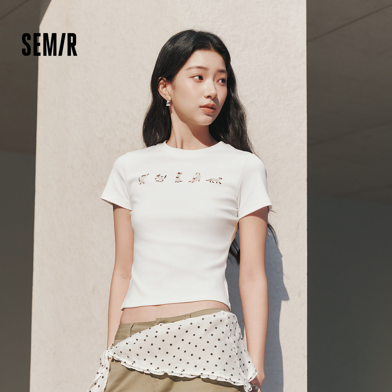 森马短袖T恤女夏季短款紧身正肩小猫印花2026新款趣味休闲套头衫