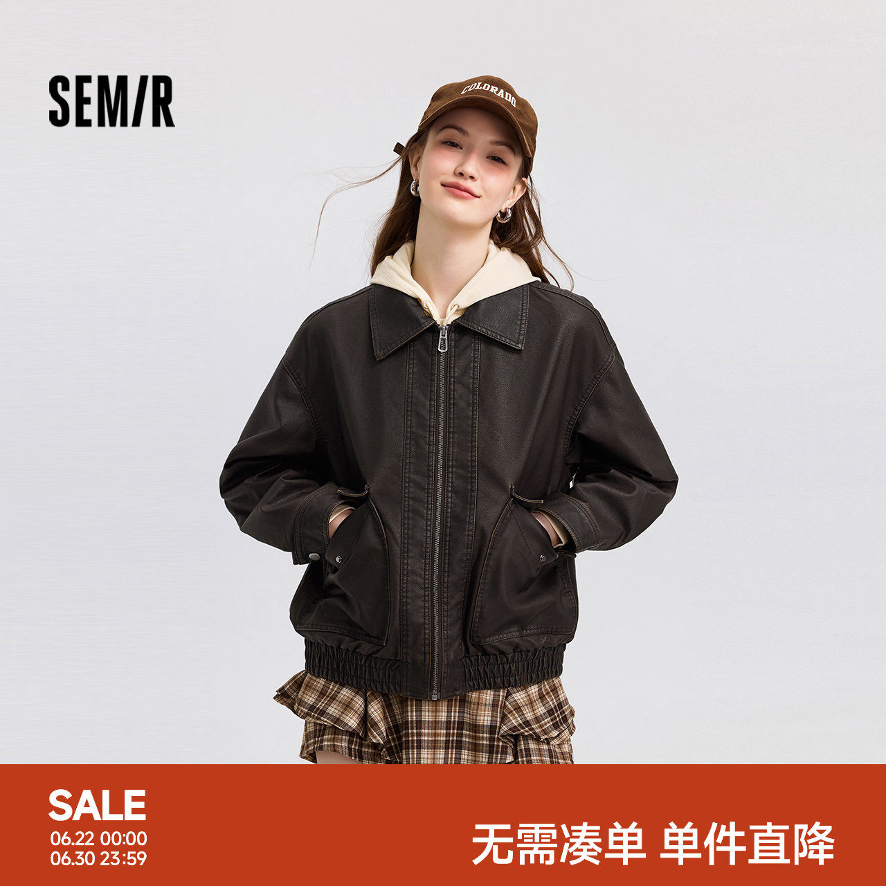 森马宽松翻领PU仿皮夹棉外套女