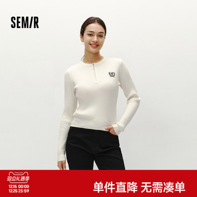 森马半开襟刺绣修身短款毛衣女