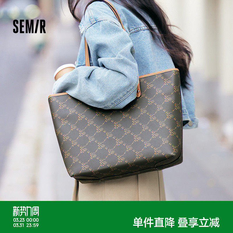 森马包包托特包女2024新款大容量通勤单肩包撞色老花手提包时尚潮