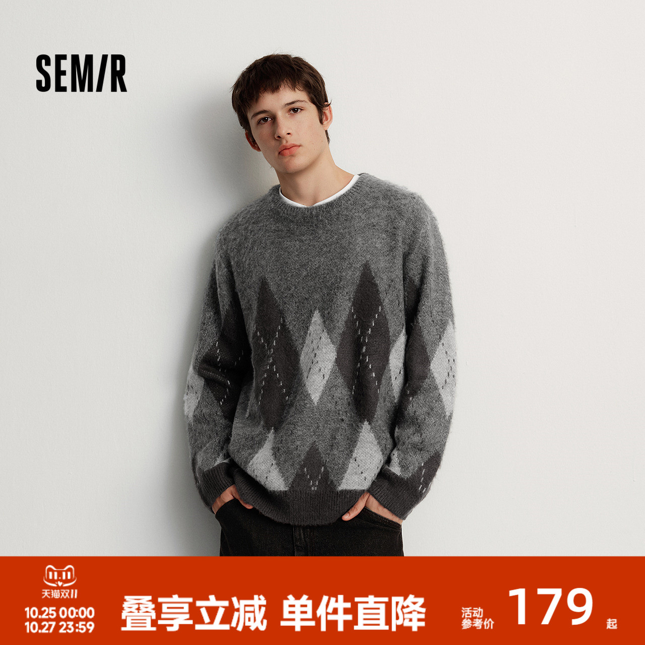 森马复古仿毛海马格纹提花毛衫男