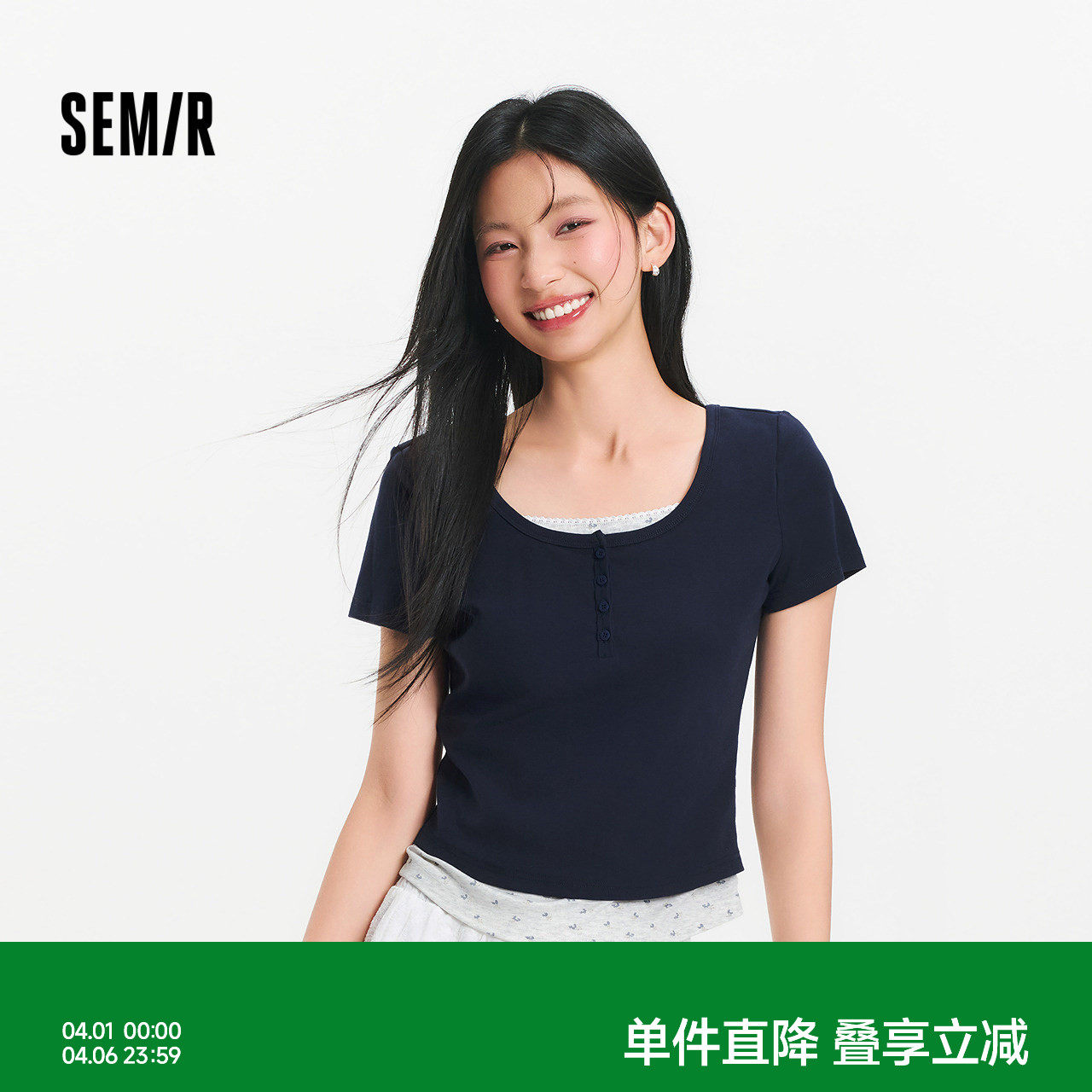 森马短袖T恤女夏短款假两件碎花修身正肩大圆领温柔俏皮甜美上衣