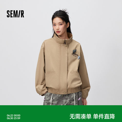 森马罗小黑胸针宽松立领夹克女