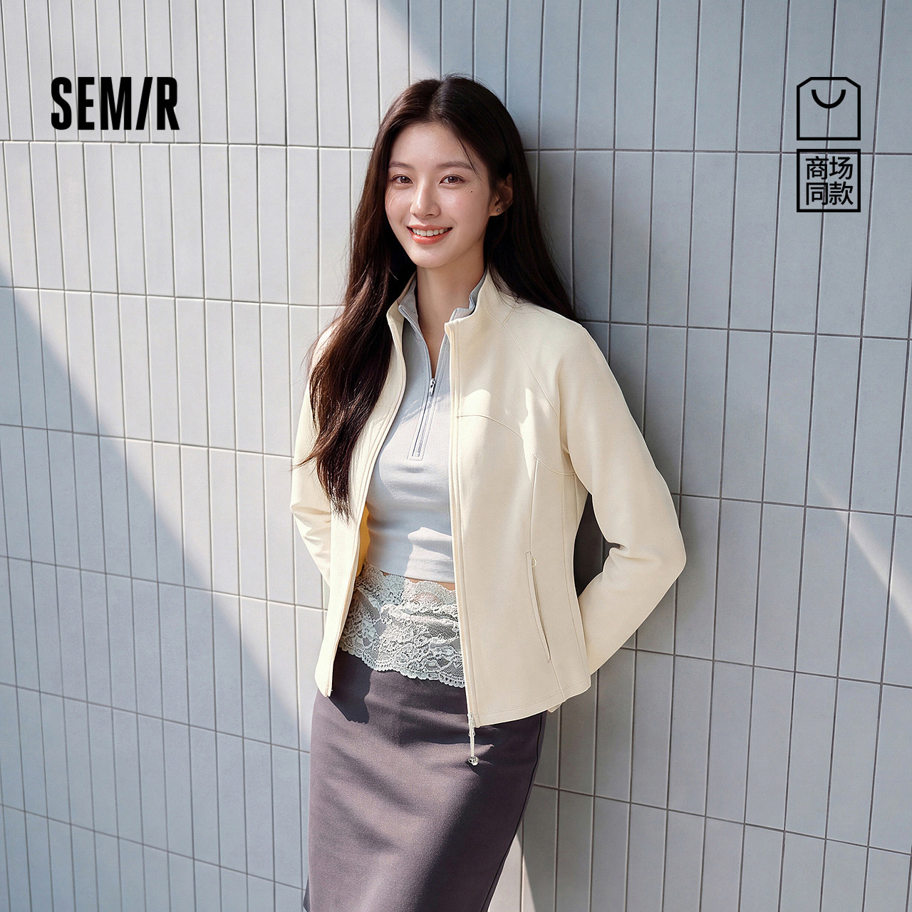 商场同款|森马外套女冬短款插肩袖紧身分割抓毛2026新款百搭夹克