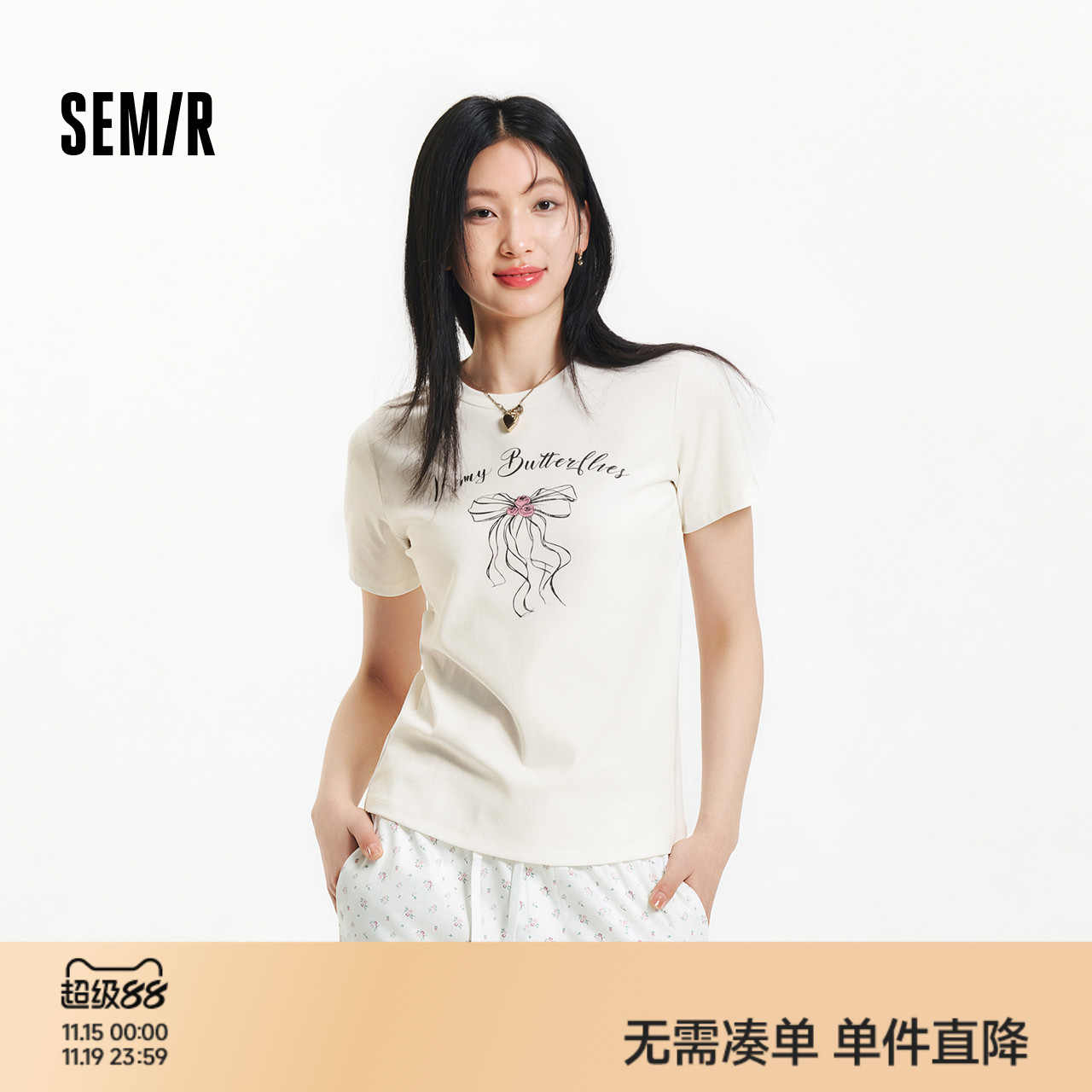 森马甜妹小众蝴蝶结短袖T恤女