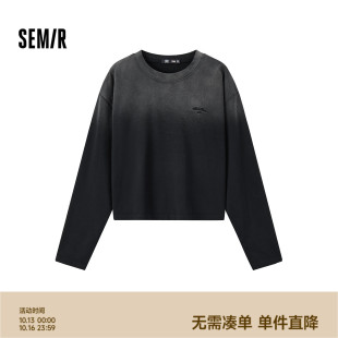 秋纯棉衣服宽松 渐变做旧复古新款 森马梅花系列长袖 T恤女短款