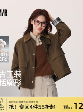 森马外套女巴恩风短外套上衣秋季拼接灯芯绒翻领夹克格纹复古风