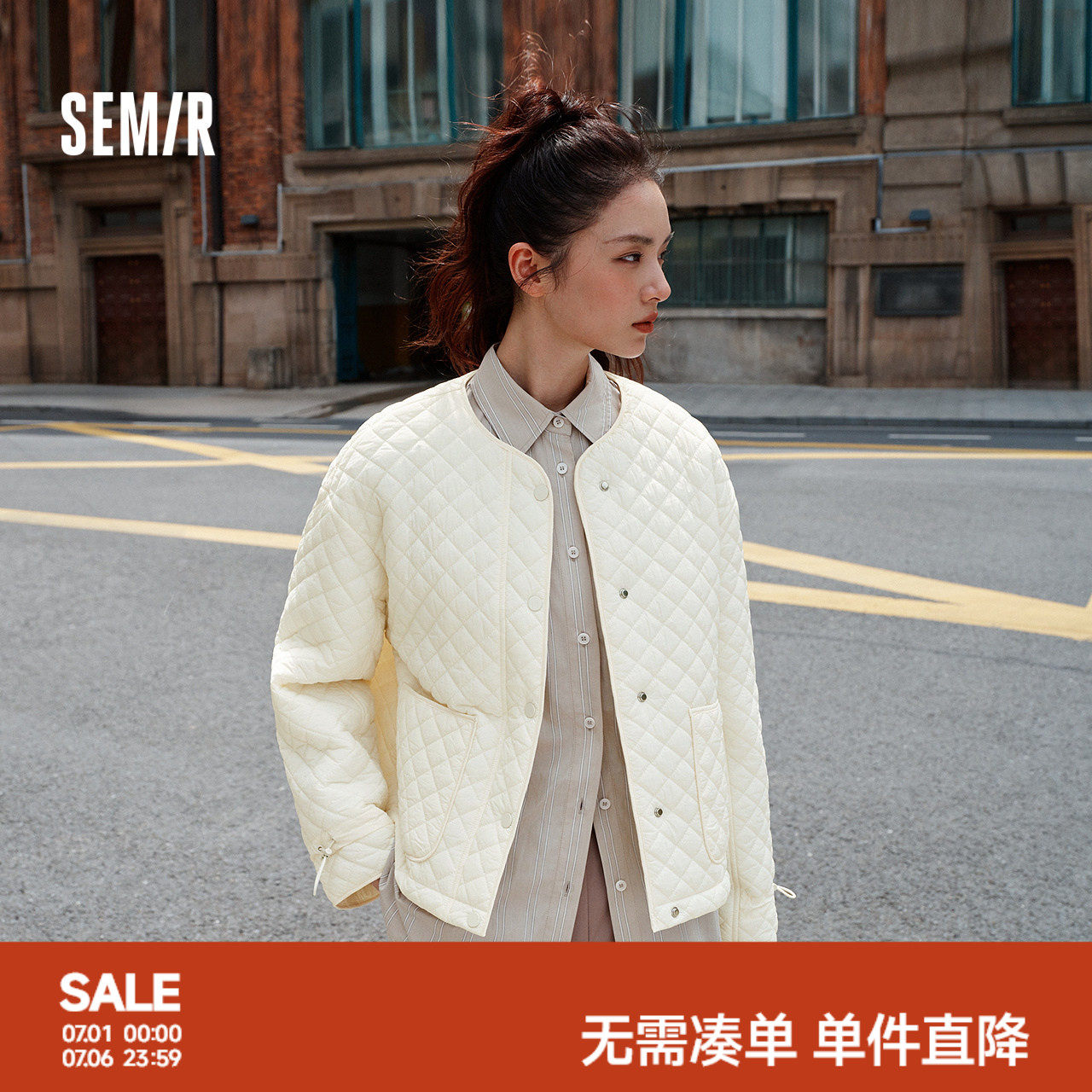 森马棉服女肌理菱格内搭宽松慵懒风2025冬季新款抽绳轻薄棉衣百搭