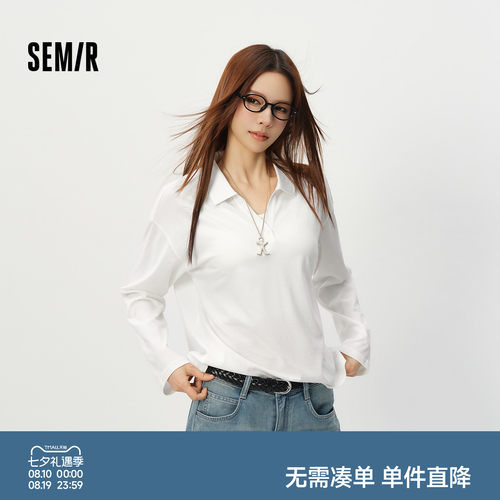 森马白色长袖宽松印花POLO衫女