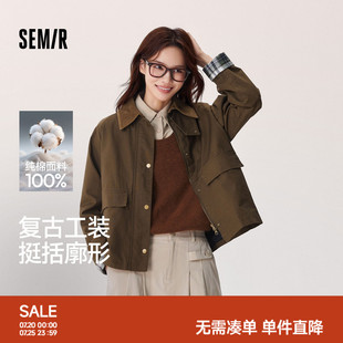 森马外套女巴恩风短外套上衣秋季拼接灯芯绒翻领夹克格纹复古风