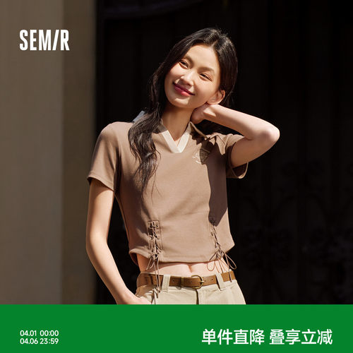 森马绑带印花修身短款POLO衫女