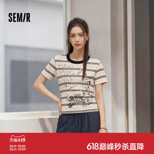 森马小猫修身条纹短款短袖T恤女