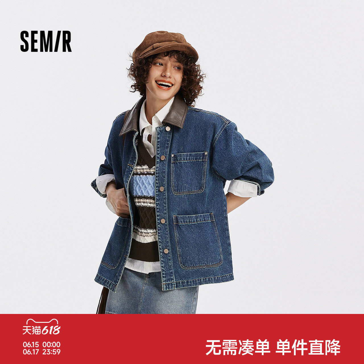 森马潮酷宽松中长款牛仔外套女