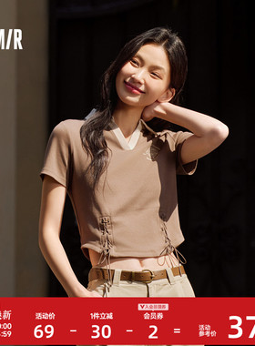 森马POLO衫女短款设计感绑带美式复古辣妹夏季修身印花上衣小心机