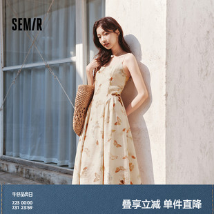 新款 森马连衣裙女显瘦甜美度假风2025夏季 森系满印吊带裙浪漫文艺