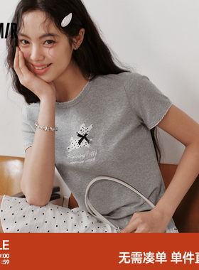 森马花边小狗修身短款短袖T恤女