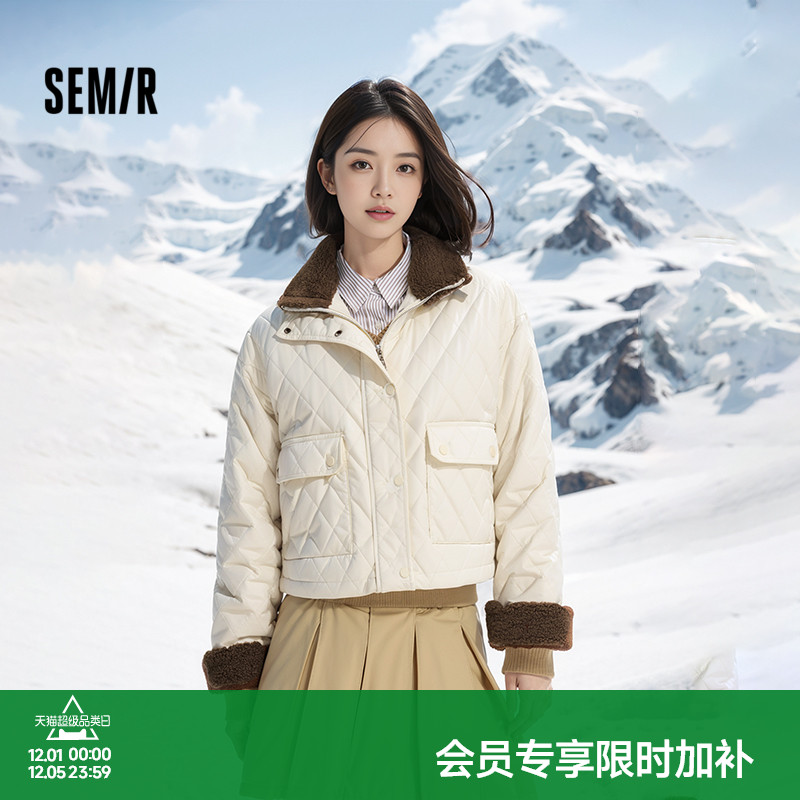 森马菱形格仿羊羔毛夹棉外套女