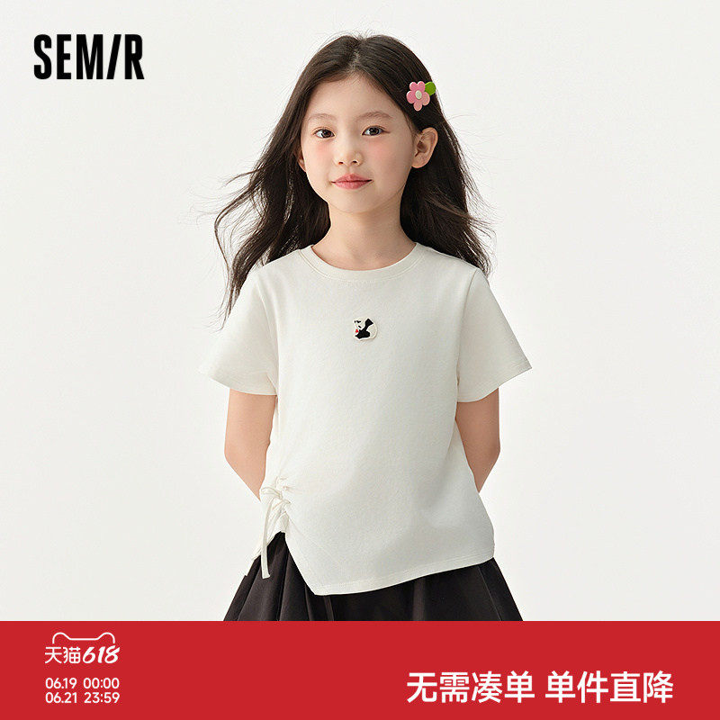森马儿童短袖T恤2025夏新款女童可盐可甜熊猫刺绣上衣抽褶蝴蝶结 - 实物图