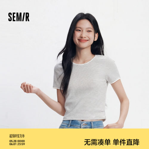 森马蕾丝花边紧身短款短袖T恤女