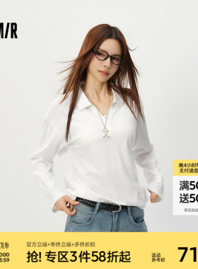 森马POLO衫女夏季白色长袖宽松印花2026新款简约慵懒风百搭套头衫