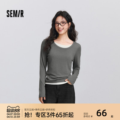 森马圆领正肩假两件长袖T恤女