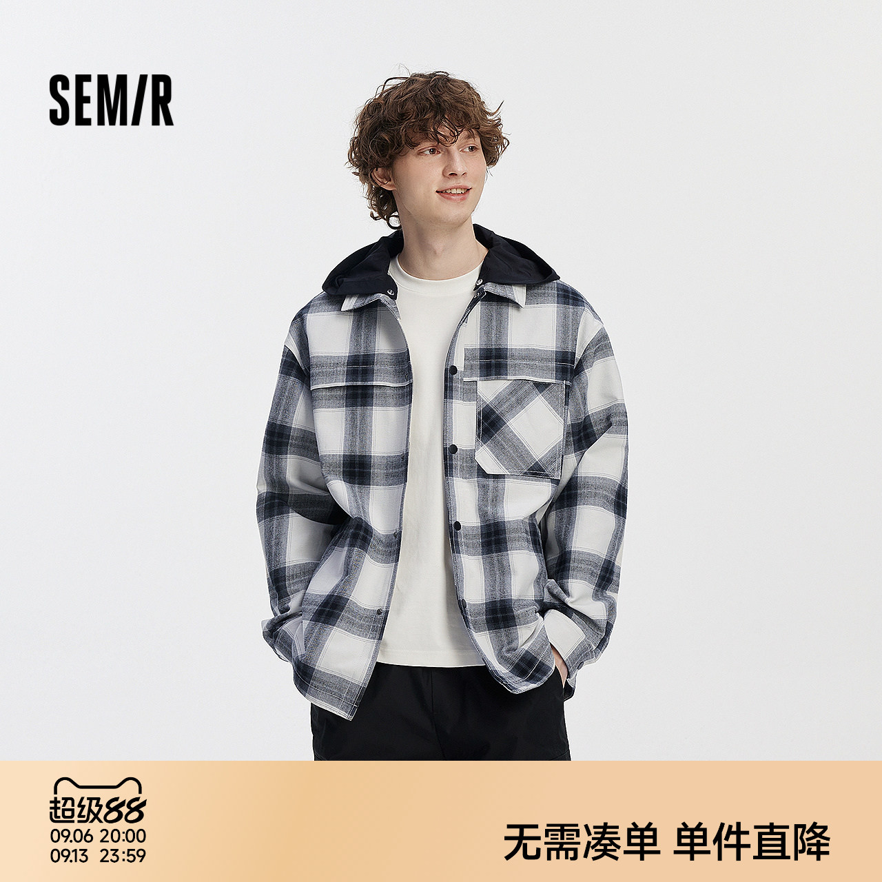 森马可拆卸连帽舒适格纹夹克男图片