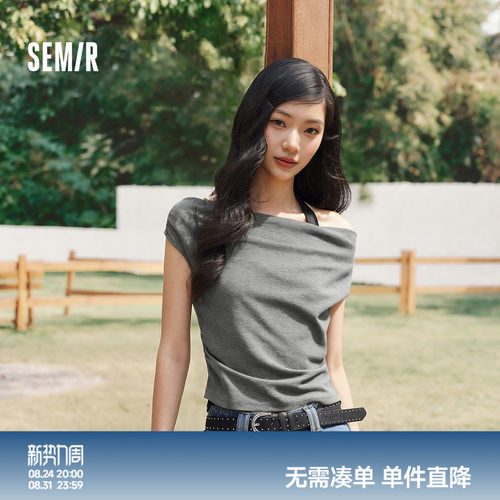 森马荡领挂脖假两件短款T恤女