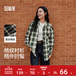 慵懒宽松落肩休闲秋季 女中长款 chic复古格纹衬衣潮流 衬衫 森马长袖