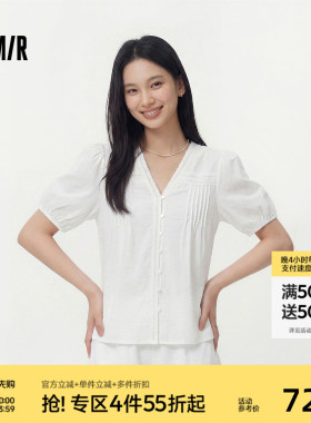 森马短袖衬衫女夏盐缩肌理白色泡泡袖花边V领设计感甜美俏皮衬衣