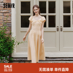 森马连衣裙女夏泡泡袖扭结收腰高腰A字纯色肌理垂感2026新款长裙
