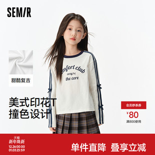 森马儿童25秋新款 复古甜酷字母印花蝴蝶结上衣纯棉 女中童T恤美式