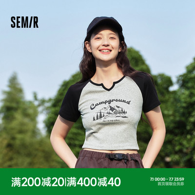 森马印花插肩袖短款短袖T恤女
